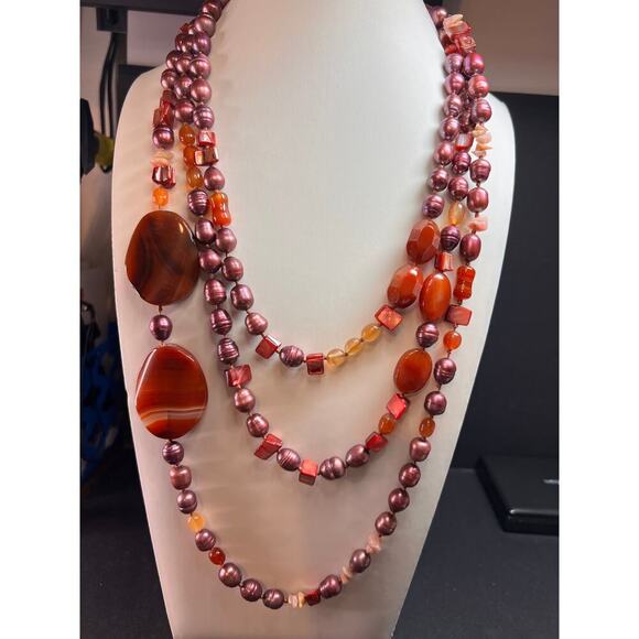 NEW carnelian and freshwater pearl strand necklace with sterling silver clasp - Picture 2 of 13